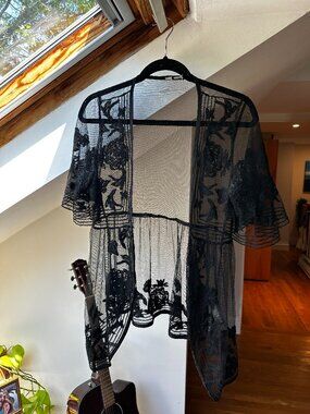 Vintage Sheer Black Embroidered Lacy Mesh Cover-Up M/L